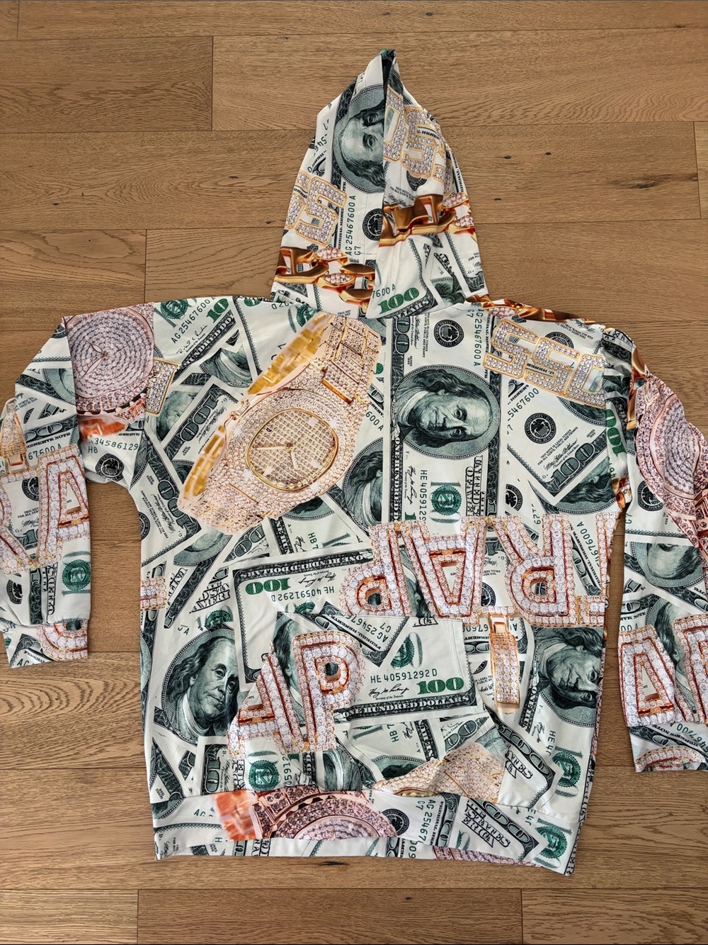 Fashion Nova sweater with Money & Jewelry Print in White and Green